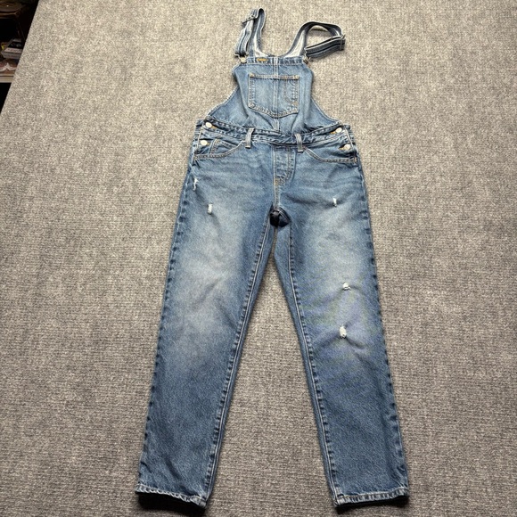 Levis Jeans Womens Medium Blue Original Bib Overalls Denim Red Tab Distressed - Picture 1 of 14